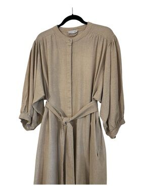 Blue Navy | Italian Linen Beige Button-Front Midi Dress | Size XL
